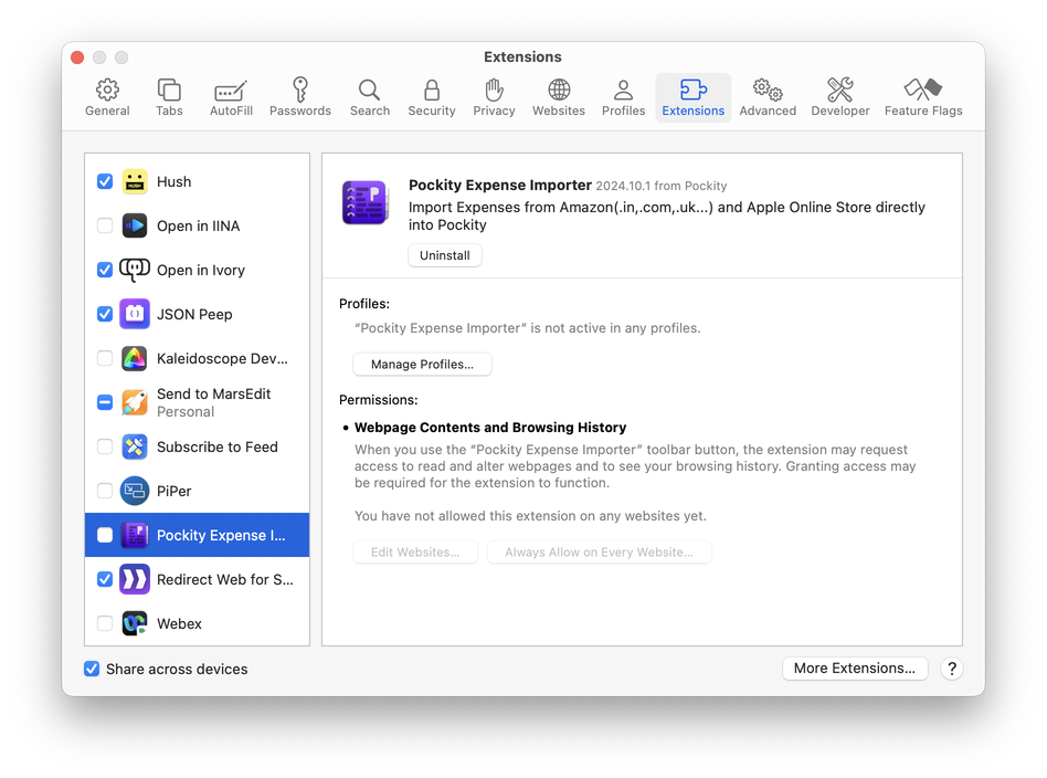 Pockity's Expense Importer extension listed in Safari's Settings window