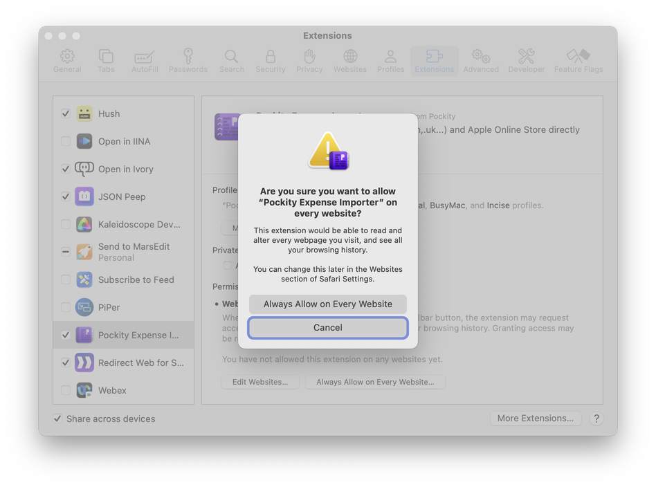 Pockity's Expense Importer extension listed in Safari's Settings window, prompting for permission to be able to exectue on every website.