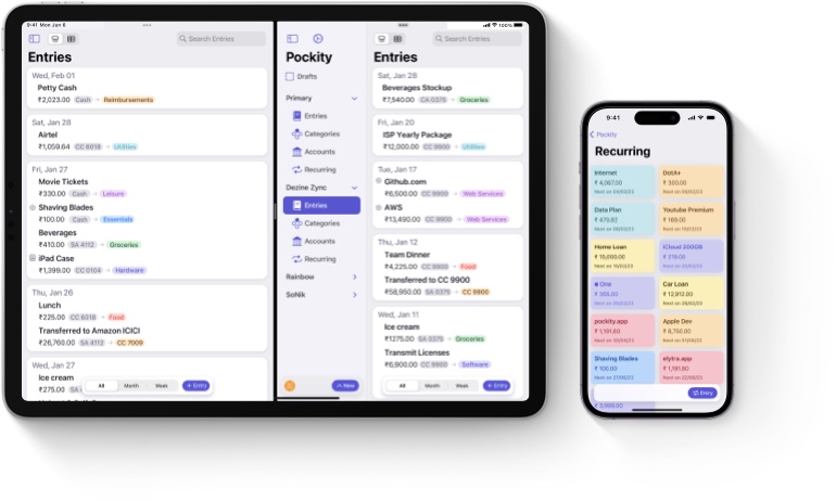 Pockity's ledger timeline displayed on an iPad Pro 12.9 inches and iPhone 14 Pro